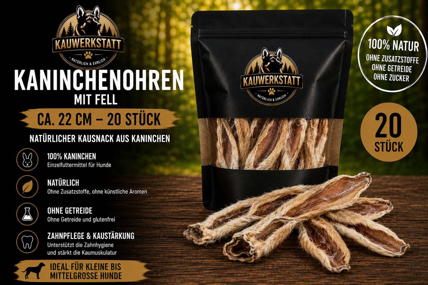 Kaninchenohren mit Fell für Hunde - natürlicher Kausnack