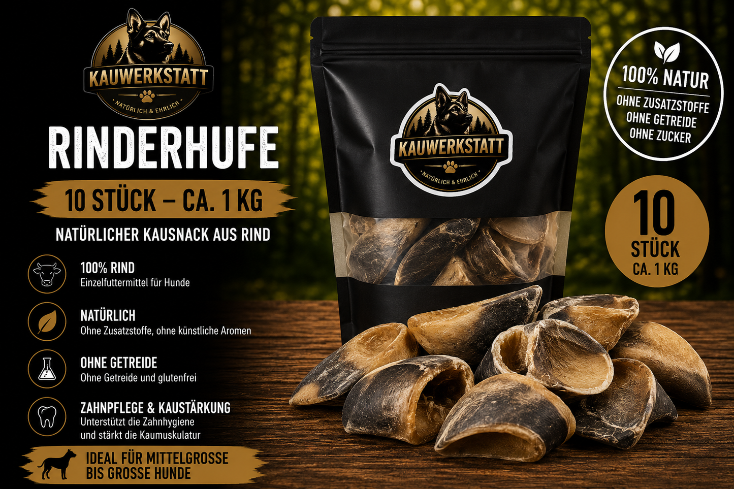 Kauwerkstatt Rinderhufe für Hunde – 10 Stück – 100 % Rind
