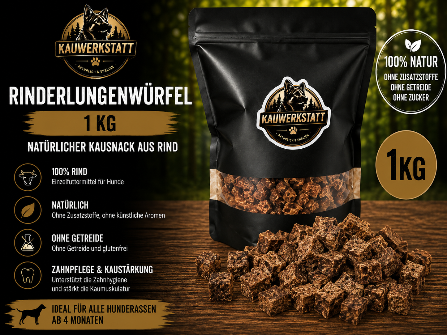 Rinderlungenwürfel für Hunde – fettarm & luftgetrocknet
